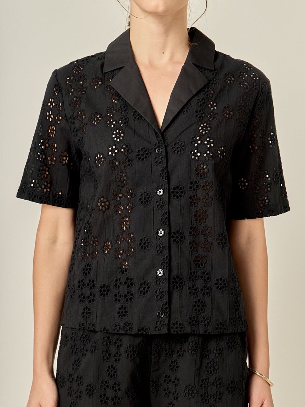 English Factory Floral Eyelet Cotton Camp Shirt in Black XS